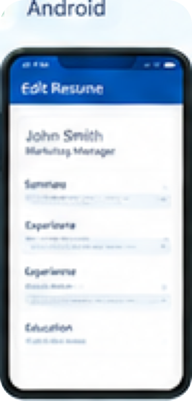 AI Resume/CV Builder app Edit Resume screen for John Smith, Marketing Manager, with structured sections for Summary, Experience, and Education.