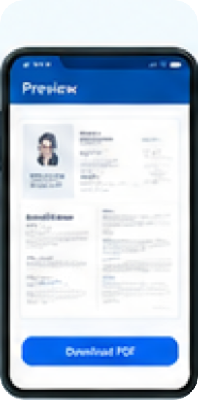 AI Resume/CV Builder app Preview screen showing a formatted two-column resume with a Download PDF button.