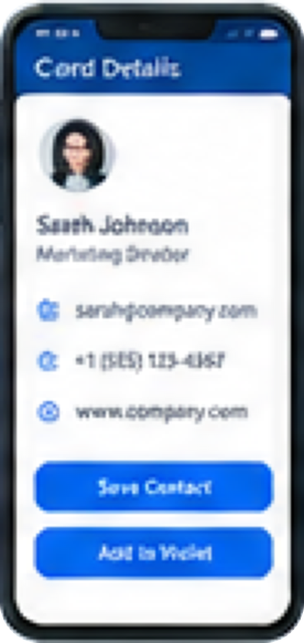 CardFlow app Card Details screen for Sarah Johnson showing title, email, phone number, website, Save Contact, and Add to Wallet buttons.