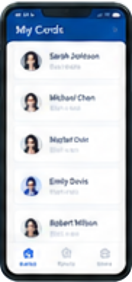CardFlow app My Cards digital wallet list displaying scanned business card contacts with avatars and roles.
