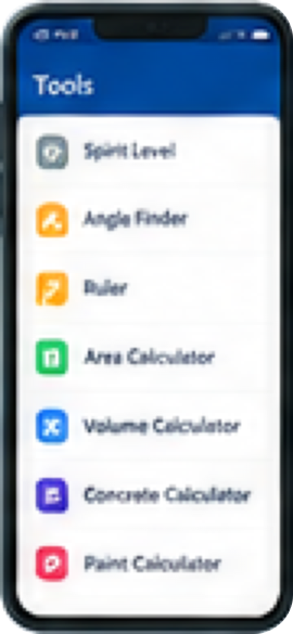 Contractor Toolbox app Tools menu listing Spirit Level, Angle Finder, Ruler, Area Calculator, Volume Calculator, Concrete Calculator, and Paint Calculator.