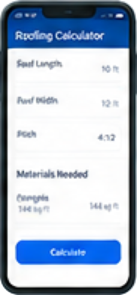 Contractor Toolbox app Roofing Calculator screen showing roof length, roof width, pitch inputs, and estimated materials needed.