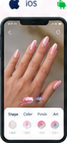 NailVision AI app camera screen previewing nail polish and shape styling on a user hand with Shape, Color, Finish, and Art controls.