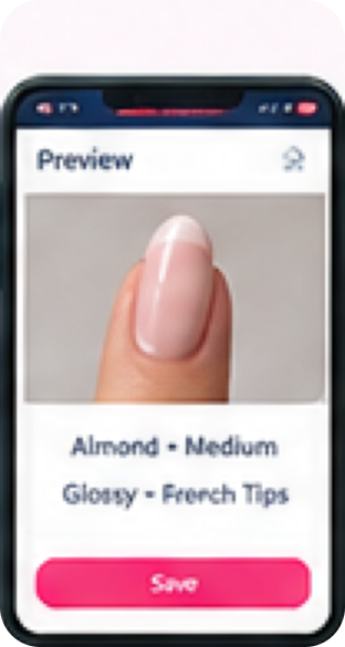 NailVision AI app Preview screen displaying an Almond Medium Glossy French Tips nail style with a Save button.