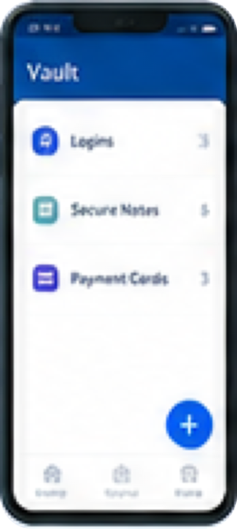 Password Vault app main Vault screen showing counts for Logins, Secure Notes, and Payment Cards with a quick-add button.
