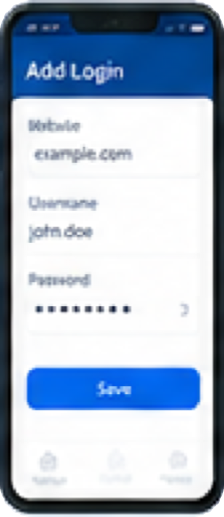 Password Vault app Add Login screen showing fields for website example.com, username john.doe, and masked password.