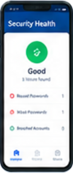 Password Vault app Security Health screen displaying a Good status badge alongside counts for Reused Passwords, Weak Passwords, and Breached Accounts.