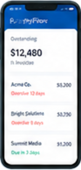 PayFlow app screen showing $12,480 in outstanding invoices across client accounts with overdue and due-soon status indicators.