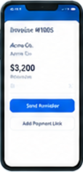 PayFlow app screen displaying Invoice #1005 for $3,200 with Send Reminder and Add Payment Link actions.