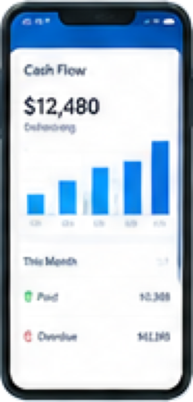 PayFlow app Cash Flow screen showing $12,480 outstanding, a monthly bar chart, and paid versus overdue breakdown.