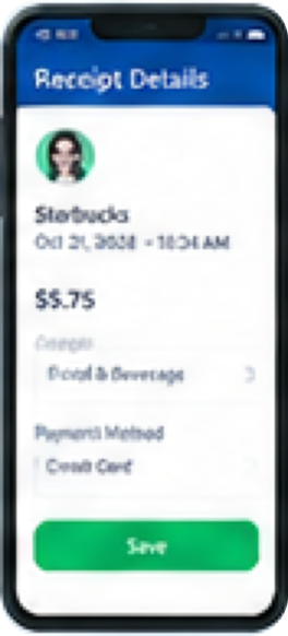 Receipt Scanner & Expense Reports app Receipt Details screen showing a Starbucks receipt for $5.75 categorized under Food & Beverage.