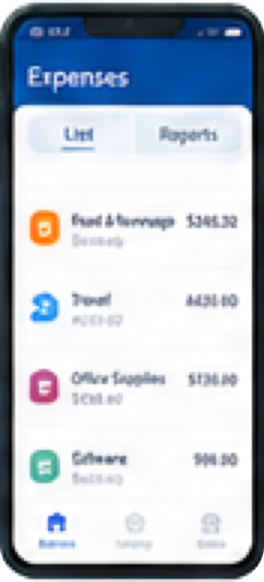 Receipt Scanner & Expense Reports app Expenses screen listing totals for Food & Beverage, Travel, Office Supplies, and Software.
