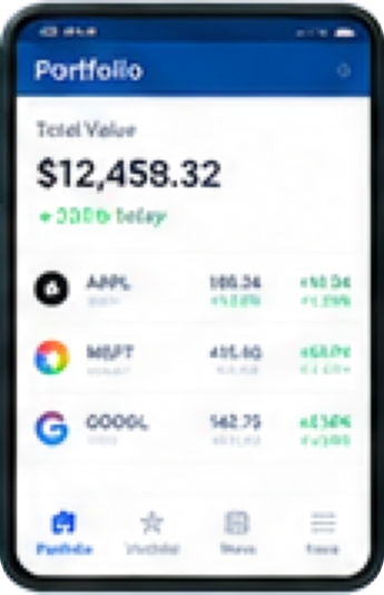 Stock Tracker app Portfolio screen showing a total value of $12,458.32 and holdings in AAPL, MSFT, and GOOGL.