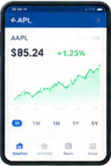 Stock Tracker app AAPL detail screen showing a price of $85.24 (+1.25%) and an interactive green area chart.