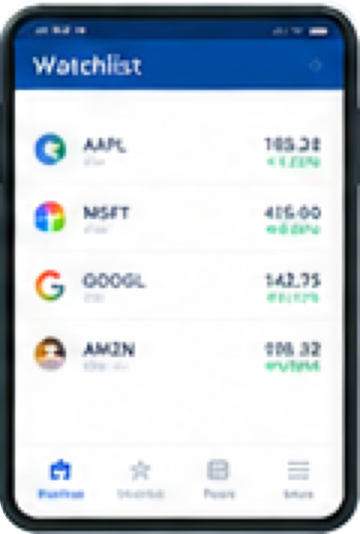 Stock Tracker app Watchlist screen tracking AAPL, MSFT, GOOGL, and AMZN stock prices and percentage changes.